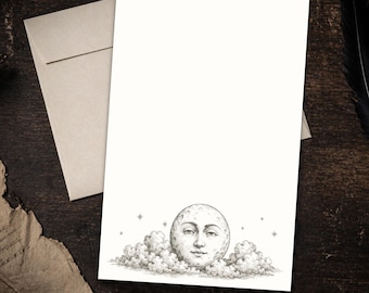 Victorian Moon Face Stationery Set 5.5 x 8.5 Celestial Gothic Letter Writing Paper Lunar Notes with Envelopes