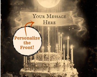 Personalized Vintage Victorian Gothic Birthday Card Custom Message Moon Candle Cake Celestial Birthday Card