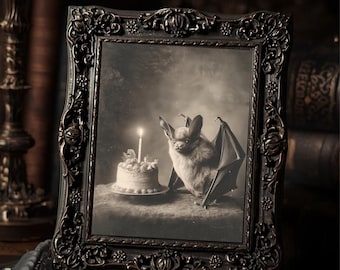 Gothic Birthday Bat With Cake Dark Cute  Art Print Sepia Vintage Macabre Funny Wall Decor