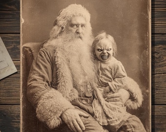 Vintage Victorian Santa with Possessed Child Christmas Card Gothic Holiday Art Antique Style Photography Blank Inside