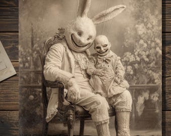 Macabre Vintage Victorian Bunny and Puppet Easter Card Gothic Marionette Portrait Blank Inside