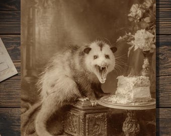 Vintage Victorian Opossum Birthday Card Gothic Animal Humor Antique Style Photography Blank Inside