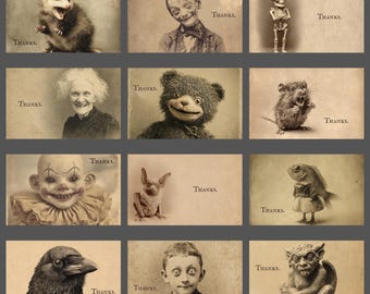 Funny Gothic Blank Thank You Card Set of 12 Weird Vintage Notecard Macabre Stationery