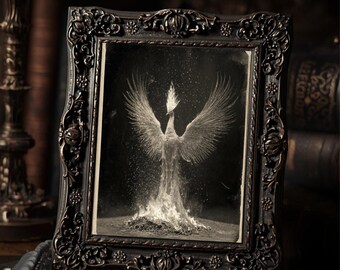 Vintage Victorian Phoenix Rising Gothic Firebird Mythical Black and White Antique Style Wall Art  Print