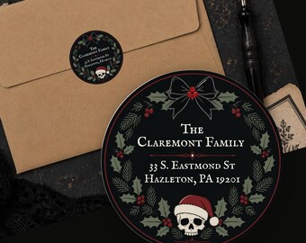Personalized Gothic Christmas Return Address Labels Round Skull Holiday Stickers