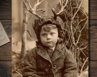 Vintage Victorian Child with Deer Antlers Christmas Card Gothic Holiday Art Antique Style Photography Blank Inside