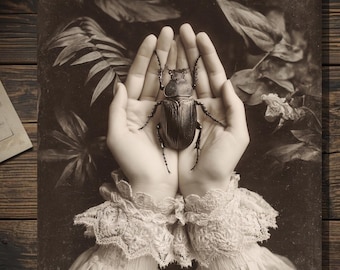 Vintage Victorian Beetle in Hands Card Gothic Art Antique Style Photography Blank Inside