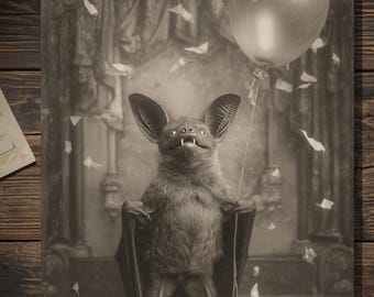 Vintage Victorian Bat with Balloon Birthday Card Gothic Antique Style Photo Blank Inside