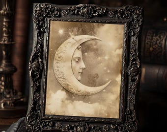 Vintage Crescent Moon Face Wall Art Print  Celestial Gothic Sepia Night Sky Stars Moon Decor