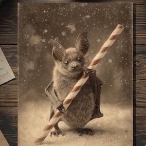Vintage Victorian Bat with Candy Cane Christmas Card Gothic Holiday Art Antique Style Photography Blank Inside