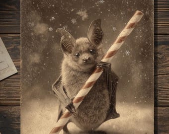 Vintage Victorian Bat with Candy Cane Christmas Card Gothic Holiday Art Antique Style Photography Blank Inside
