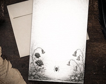 Gothic Spider Web Stationery Set 5.5 x 8.5 Letter Writing Paper Victorian Botanical Notes with Envelopes