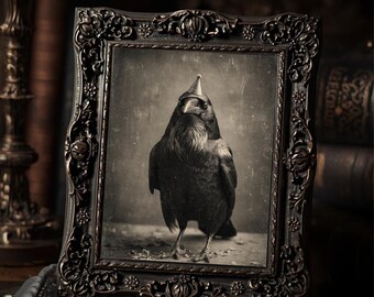 Birthday Raven Art Print Gothic Bird Wall Art Victorian Crow Party Hat Vintage Style Print