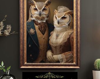 Victorian Owl Couple Portrait Vintage Bird Art Elegant Anthropomorphic Fine Art Oil Style Print