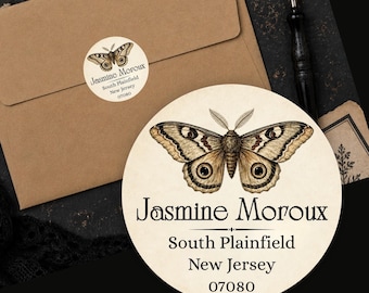Personalized Vintage Moth Return Address Labels Victorian Botanical Custom Round Stickers