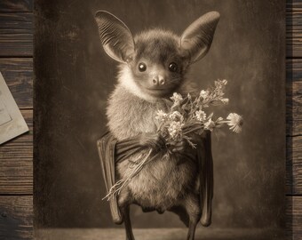 Vintage Victorian Bat Holding Wildflowers Love Card Gothic Cute Animal Art Antique Style Photography Blank Inside