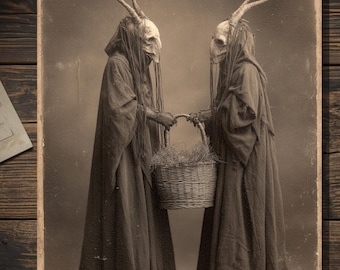 Vintage Victorian Horned Figures With Easter Basket Card Macabre Gothic Antique Style Art Blank Inside