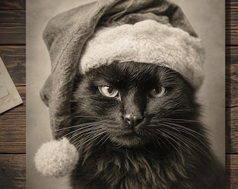 Black Cat in Santa Hat Christmas Card Vintage Victorian Gothic Holiday Blank Greeting