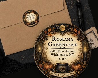 Personalized Samhain Return Address Labels Vintage Pagan Witchy Autumn Custom Round Stickers