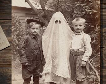 Vintage Kids With Ghost Costume Halloween Greeting Card Old Photograph Creepy Antique Ghost Photo Blank Inside
