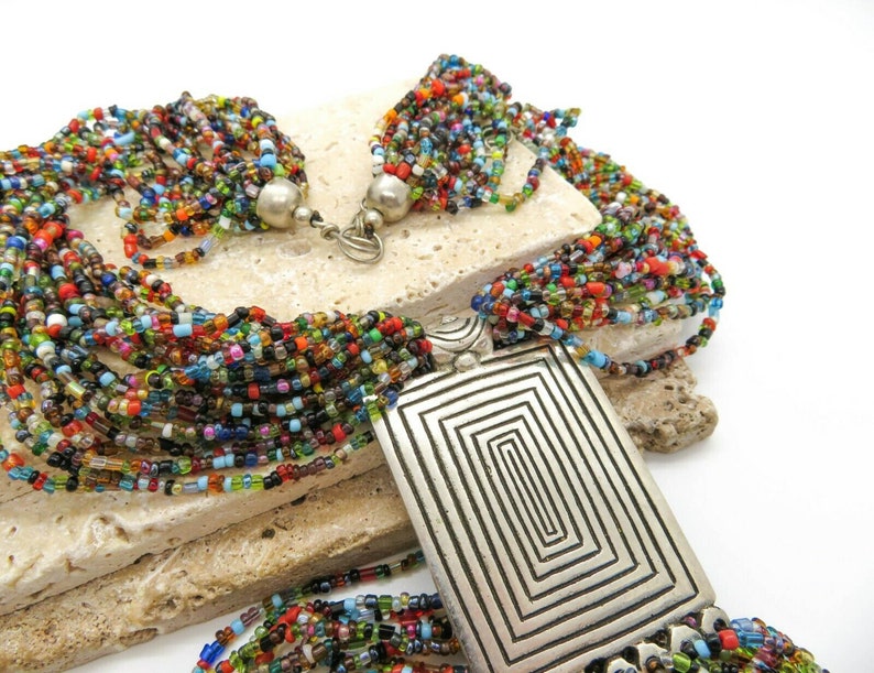 Vintage Huge Layered Multi-Color Glass Bead Silver Boho Statement Necklace P7