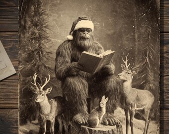 Vintage Victorian Bigfoot Reading to Woodland Animals Christmas Card Funny Gothic Holiday Scene
