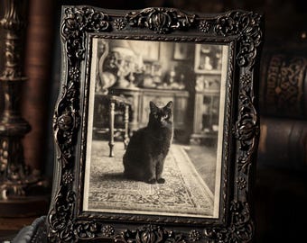 Vintage Victorian Black Cat In Parlor Halloween Art Print Gothic Witchy Spooky Antique Style Wall Decor