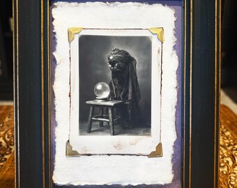Gothic Black Cat Fortune Teller Framed Art Witchy Victorian Wall Decor Crystal Ball