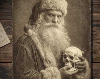 Vintage Victorian Santa Holding Skull Christmas Card Gothic Holiday Art Antique Style Photography Blank Inside