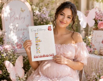 Our Little Butterfly Baby Shower Emoji Pictionary Game, Baby in Bloom Wildflower Theme, Love Bug Floral, Canva Editable, Instant Download