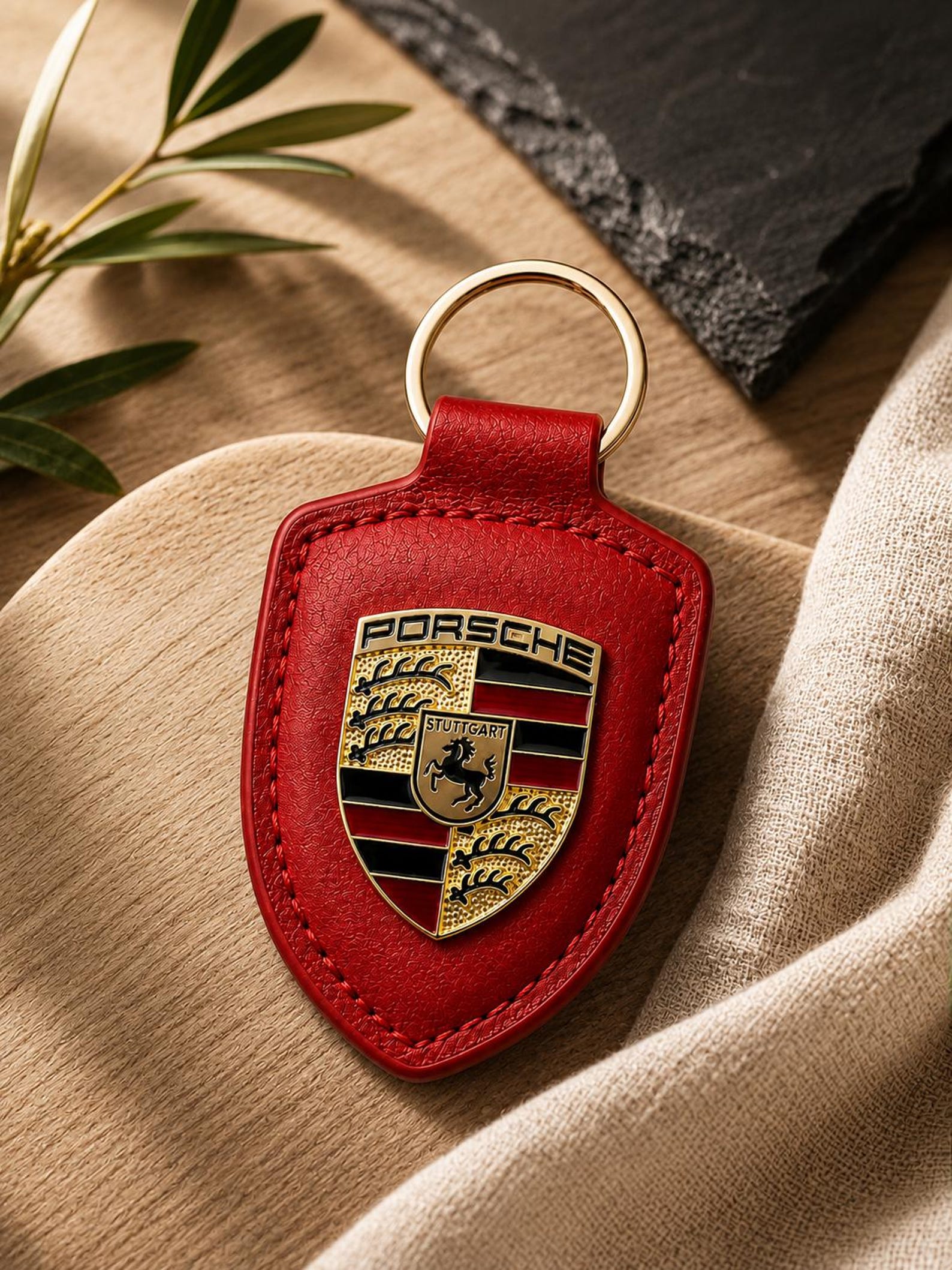 Red Leather Porsche Keychain | Luxury Car Crest Key Fob Accessory