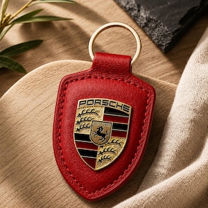 May include: A red leather keychain featuring a shield-shaped design with a gold-toned metal ring. Centered on the leather is a metallic Porsche crest emblem displaying the word PORSCHE, the word STUTTGART, and a black horse on a gold background.