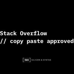 May include: Black background with white text that reads "Stack Overflow // copy paste approved." The logo for Silicon & Syntax is in the bottom right corner.