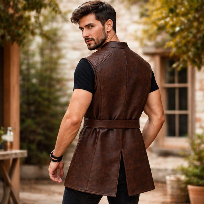 Handmade Men's Brown Leather Vest Medieval Viking Belted Tunic Costume ...