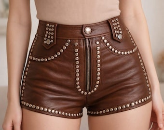 Bruine leren damesshort met studs hoge taille westerse stijl Hot