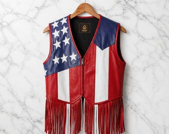 Handmade American Flag Leather Vest Fringe Western Patriotic Biker Style For Unisex