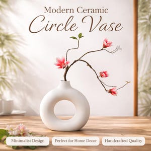 Flat Minimalist Donut Vase, Circle Flower Pot, Single Stem Decor, Hollow Ceramic Vase, Modern Home & Wedding Ornament