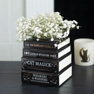 Op de afbeelding: Een zwarte keramische vaas in de vorm van gestapelde boeken, met titels als "The Familiar's Guide" en "Lunar Wisdom". De vaas is gevuld met kleine witte bloemen. Op de achtergrond is een witte kaars met een kattenontwerp te zien. De vaas is ongeveer 20 cm hoog.