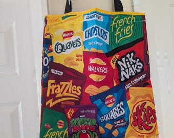 British Snacks Tote Bag • Retro Crisp Packet Collage Print, UK Food Reusable Shopping Bag