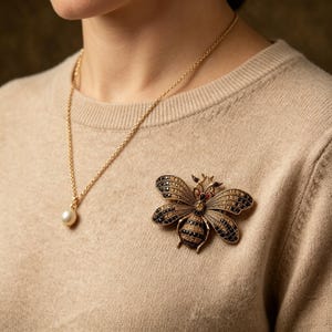 Pode incluir: Um broche de abelha dourado com detalhes em preto e âmbar, adornado com pequenas pedras preciosas. A abelha está presa a um suéter bege. Uma corrente de ouro com um pingente de pérola também é visível.