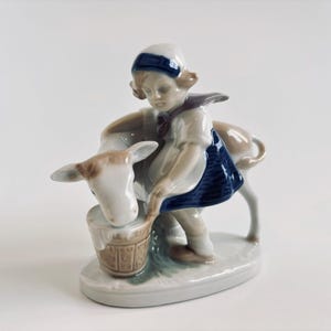 GDR Porcelain Figurine – Child Feeding Calf – Vintage East German Ceramic