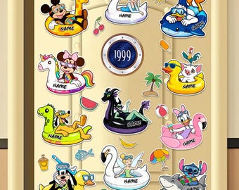 Gepersonaliseerde Disney Cruise Deurnaamplaat Koelkastmagneet, Mickey Minnie Pool Float aangepaste vormmagneet, Zomerkarakter gestanste magneet