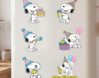 Magnesy na lodówkę w stylu urodzinowym Snoopy'ego, spersonalizowane magnesy na tort i czapkę imprezową, uroczy prezent na lodówkę z kreskówkowym psem