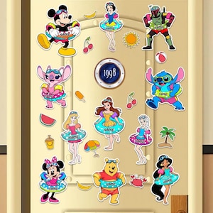 May include: A collection of colorful cartoon character stickers, including Mickey Mouse, Stitch, and various Disney princesses. Each character is depicted with a floatie and the word "NAME". The year "1998" is displayed in a circular emblem.