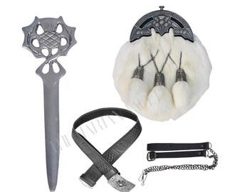 White Fur Sporran Set with Thistle Kilt Belt and Pin