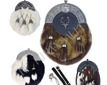 Deluxe Scottish Full Dress Sporran – Fur, Ornate Celtic Cantle, Formal Highland Attire
