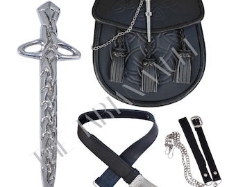 Conjunto de accesorios para falda escocesa celta: esporrano, cinturón, cadena y alfiler.