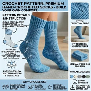 May include: A digital crochet pattern for hand-crocheted socks featuring light blue yarn with a textured stitch, an ultra-stretch comfort cuff, and step-by-step instructions. The image includes a stitch definition guide and colour options.