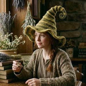 May include: A green and yellow crocheted witch hat with a curled tip. The hat has a wide brim and is worn by a person wearing a brown cardigan. The background includes dried herbs and books.