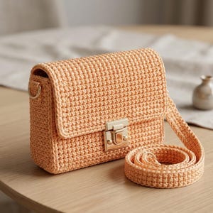 Patrón PDF para minibolso cruzado de ganchillo — Bolso de cordón de macramé para principiantes, bolso estructurado con solapa y correa con anilla en D.